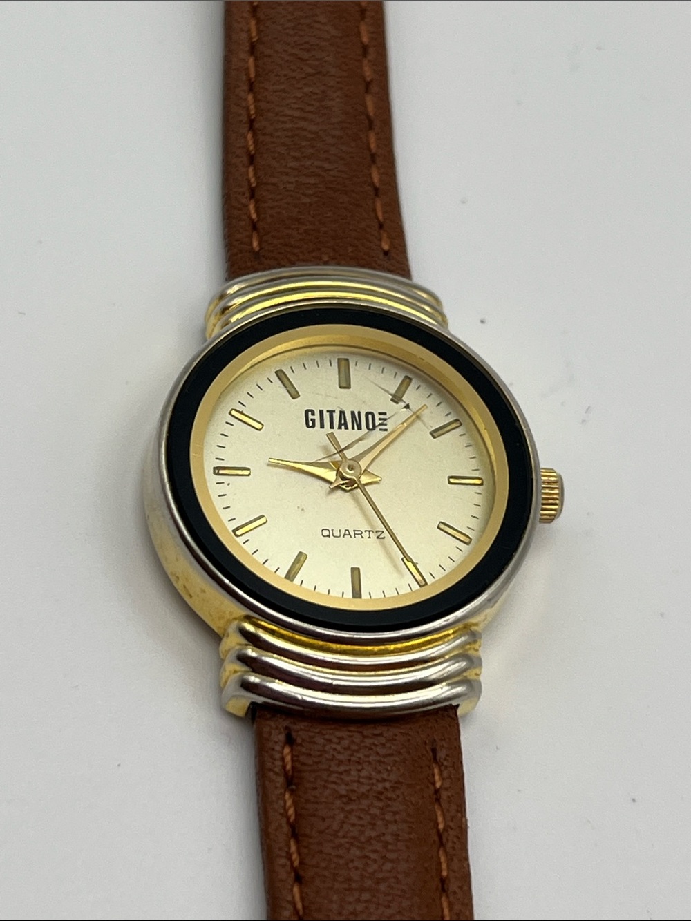 VTG Gitano Gold Case Women’s Watch with Brown Leather Strap and Black Bezel